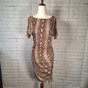 NWT $140 Michael Kors Brown & Tan Snake Print Dress with Side Ruching, Small